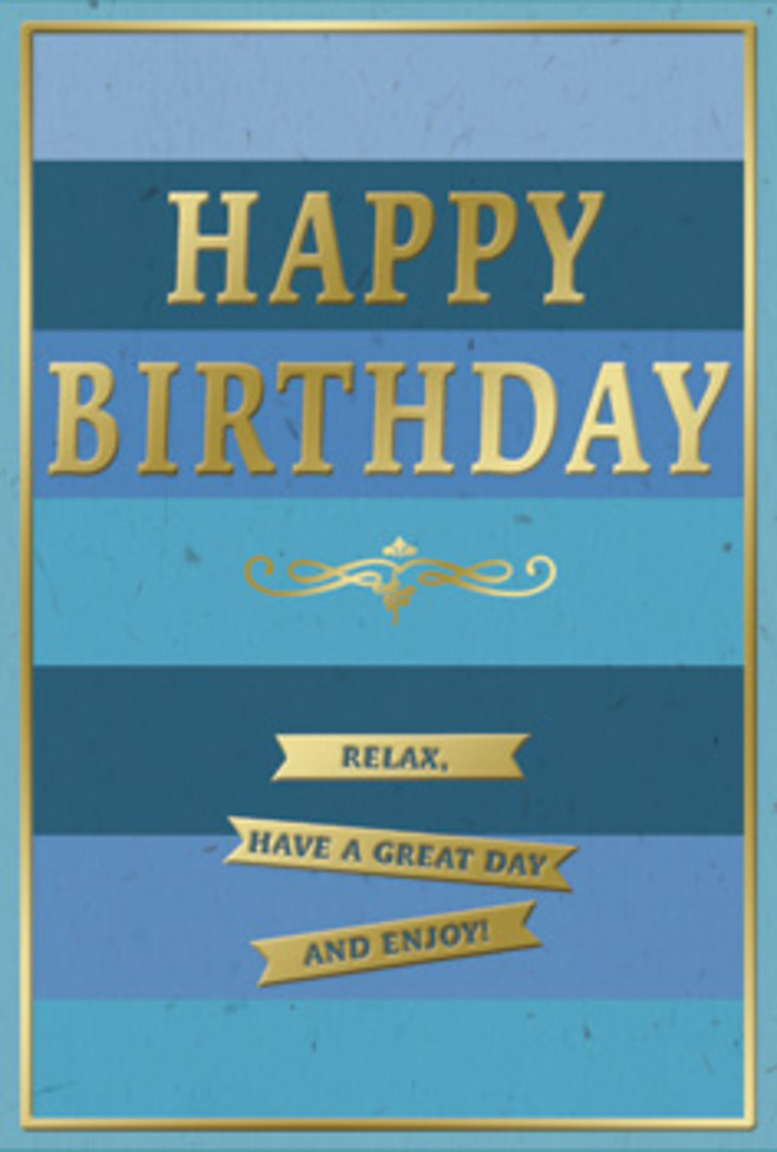 An elegant birthday card in shades of blue and gold rests as if on a tidy sideboard in a Sydenham Hill home, its design inviting a long, appreciative look. The backdrop is a series of broad, horizontal bands of blue that move steadily from dark to light, like the sky slowly clearing after rain over nearby Dulwich and the tree-lined slopes of Sydenham Hill. Deep navy at the top gradually melts into mid-blue and then easier, pastel tones at the base, giving the card a feeling of depth and calm. Across the centre, the words "HAPPY BIRTHDAY" stand proudly in embossed gold capitals. Each letter is crisply defined, the metallic finish catching any hint of light-a lamp glow in the evening or gentle daylight near a window-so the greeting seems to glow softly without overwhelming the cool blues behind it. Directly beneath the main text, a decorative golden flourish curls in a symmetrical pattern, evoking classic stationery and a hint of vintage romance. Below this, three slim gold banners line up one beneath the other, their edges clean and straight. On them is written a simple, heartfelt message: "Relax, have a great day and enjoy!" The gold ink is slightly raised to the touch, contrasting with the velvety matte surface of the card. A fine, continuous gold border traces the outer edges, adding structure and a sense of completeness. The overall mood is gently celebratory and soothing, a perfect partner to a carefully arranged bouquet from a trusted Sydenham Hill florist, creating a birthday gesture that feels both composed and sincerely warm.