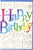 This birthday card is captured in a way that lets every colourful detail shine, as if it had just been set down beside a bright bouquet in a Sydenham Hill living room ready for a party. The main focus is the phrase "Happy Birthday," written across the middle in large, bold letters that seem to gently curve with cheerful confidence. Each letter is dressed in a vibrant gradient, progressing through a full spectrum of colour-rich reds and pinks sliding into orange and golden yellow, then into fresh spring greens and cool blues, finishing with notes of indigo and violet. The blending is soft, like the subtle transitions you see when a florist combines different shades of blooms in a single celebratory arrangement. Behind this, the entire background is filled with repeated lines of delicate, golden script that read "Happy Birthday to you." The script is fine and looping, creating a continuous pattern that looks almost like a luxurious ribbon unwinding across the card. Under light, this gold detail seems to glimmer gently, adding sophistication without distracting from the bolder central message. Scattered around the larger letters are tiny multicoloured stars and confetti-like dots that echo the rainbow tones and suggest the feel of party poppers going off at a family gathering near the green spaces by Sydenham Hill. The surface of the card appears smooth with a subtle sheen, enhancing the richness of the colours and the metallic sheen of the script. Overall, the design feels bright, upbeat, and warmly inclusive-a versatile birthday card that would sit perfectly beside a locally delivered bouquet, turning an ordinary greeting into a moment that feels genuinely celebratory and thoughtfully chosen.
